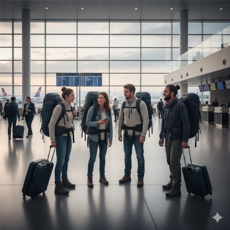 Travelers with luggage at an airport terminal